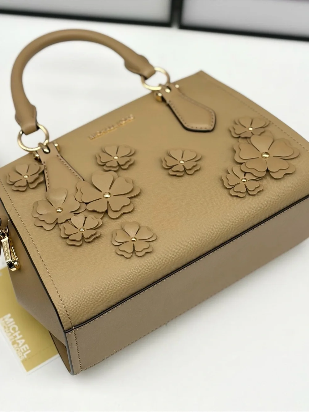 MICHAEL KORS Marilyn Small Floral Embellished Satchel Crossbody Bag Camel NWT